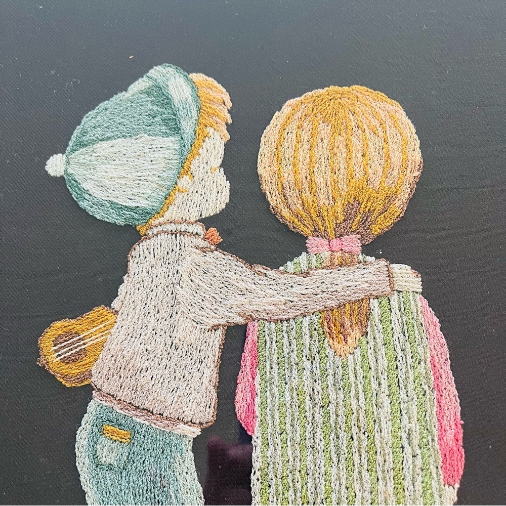 Framed Vintage Embroidery 1976- Little Boy and Girl 15” X 19” - Picture 2 of 16